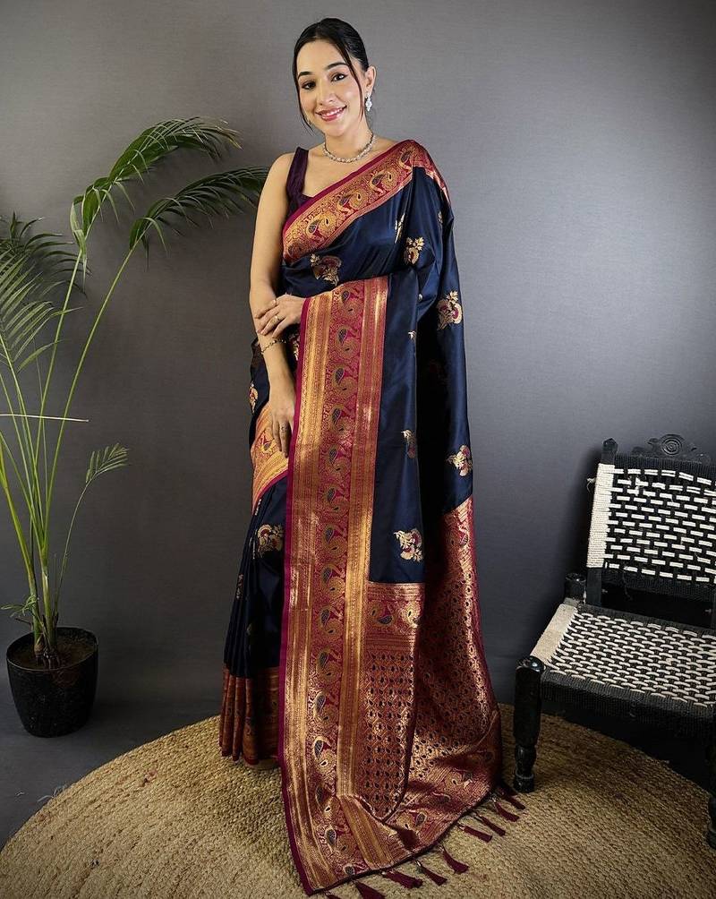 navy_blue ethnic motifs zari banarasi saree