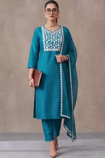 women ethnic motifs embroidered regular thread work kurta with trousers & with dupatta
