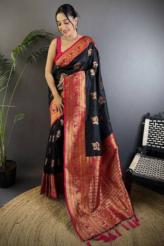 black woven design ethnic motifs zari banarasi saree