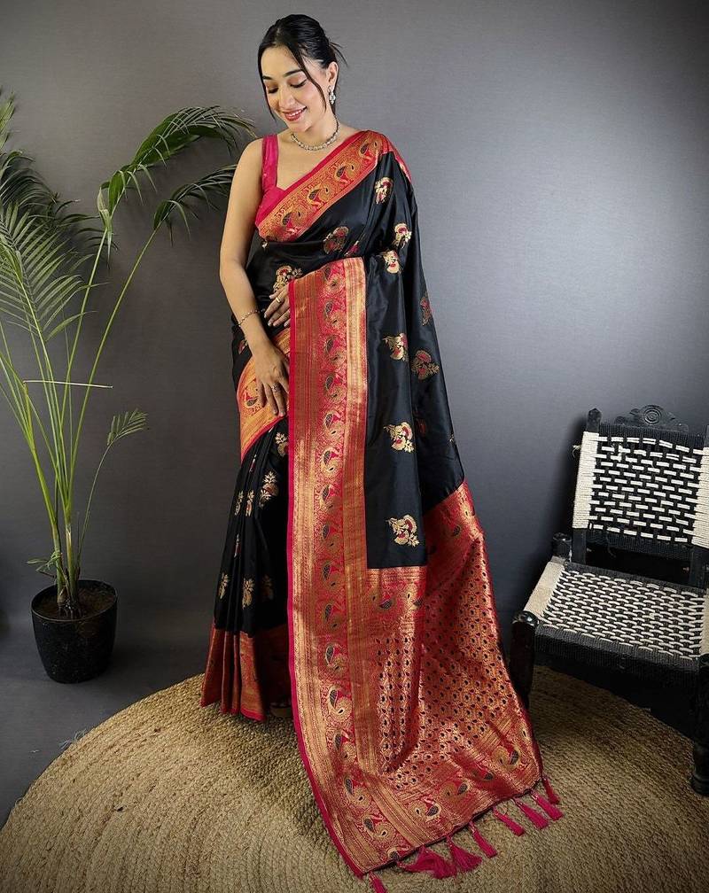 black woven design ethnic motifs zari banarasi saree