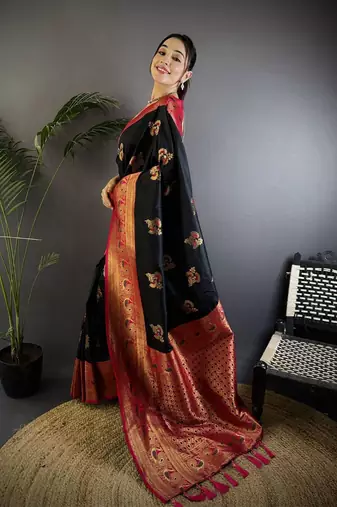 black woven design ethnic motifs zari banarasi saree