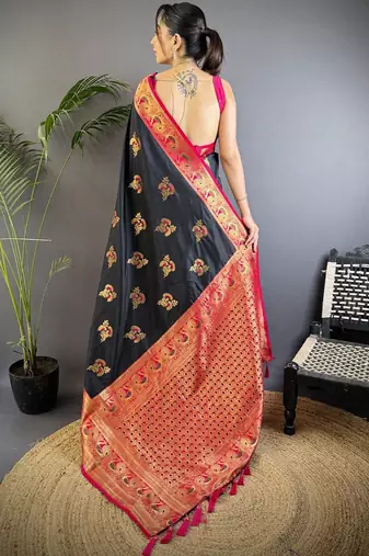 black woven design ethnic motifs zari banarasi saree