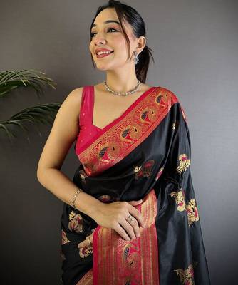 black woven design ethnic motifs zari banarasi saree 4