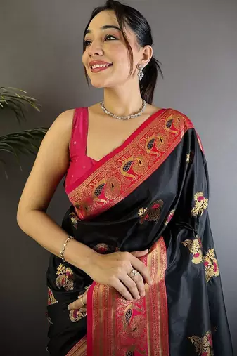 black woven design ethnic motifs zari banarasi saree