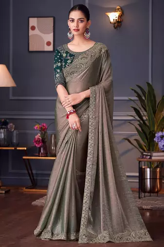grey beads and stones pure chiffon saree