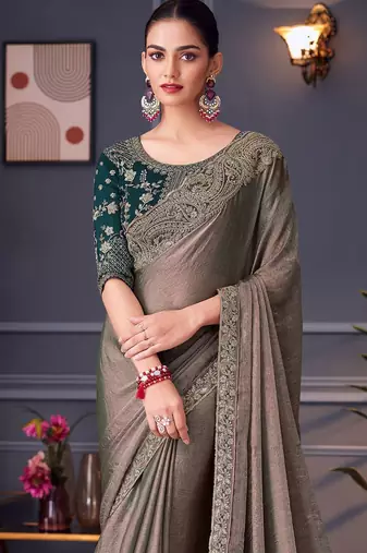grey beads and stones pure chiffon saree