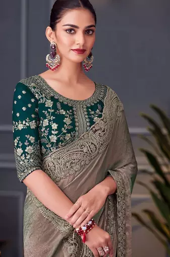 grey beads and stones pure chiffon saree