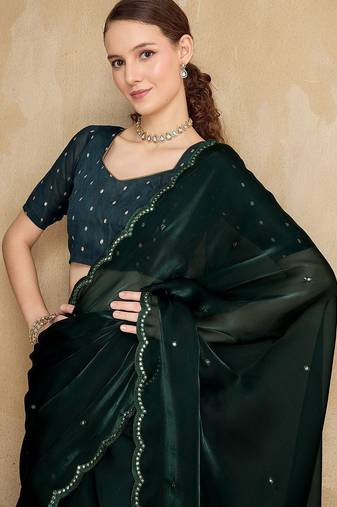 green embellished mirror work organza saree