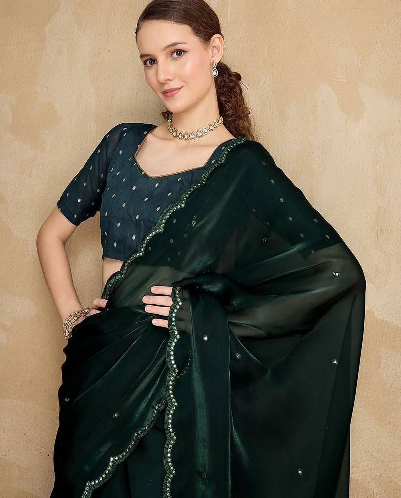 green embellished mirror work organza saree