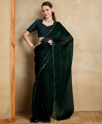 green embellished mirror work organza saree 2