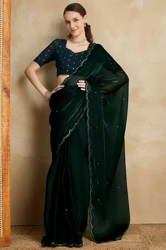 green embellished mirror work organza saree