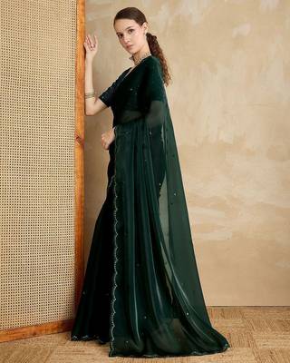 green embellished mirror work organza saree 3