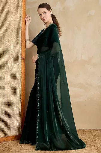 green embellished mirror work organza saree