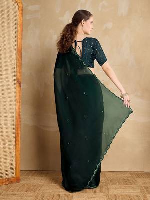green embellished mirror work organza saree 4