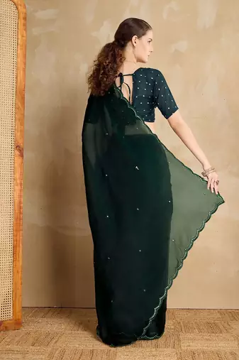 green embellished mirror work organza saree