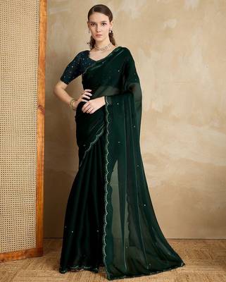 green embellished mirror work organza saree 5
