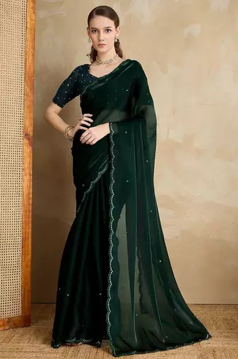 green embellished mirror work organza saree