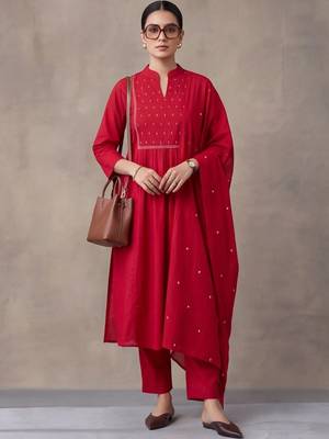 women ethnic motifs embroidered regular beads and stones cotton kurta with trousers & with 1