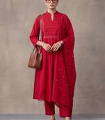 women ethnic motifs embroidered regular beads and stones cotton kurta with trousers & with