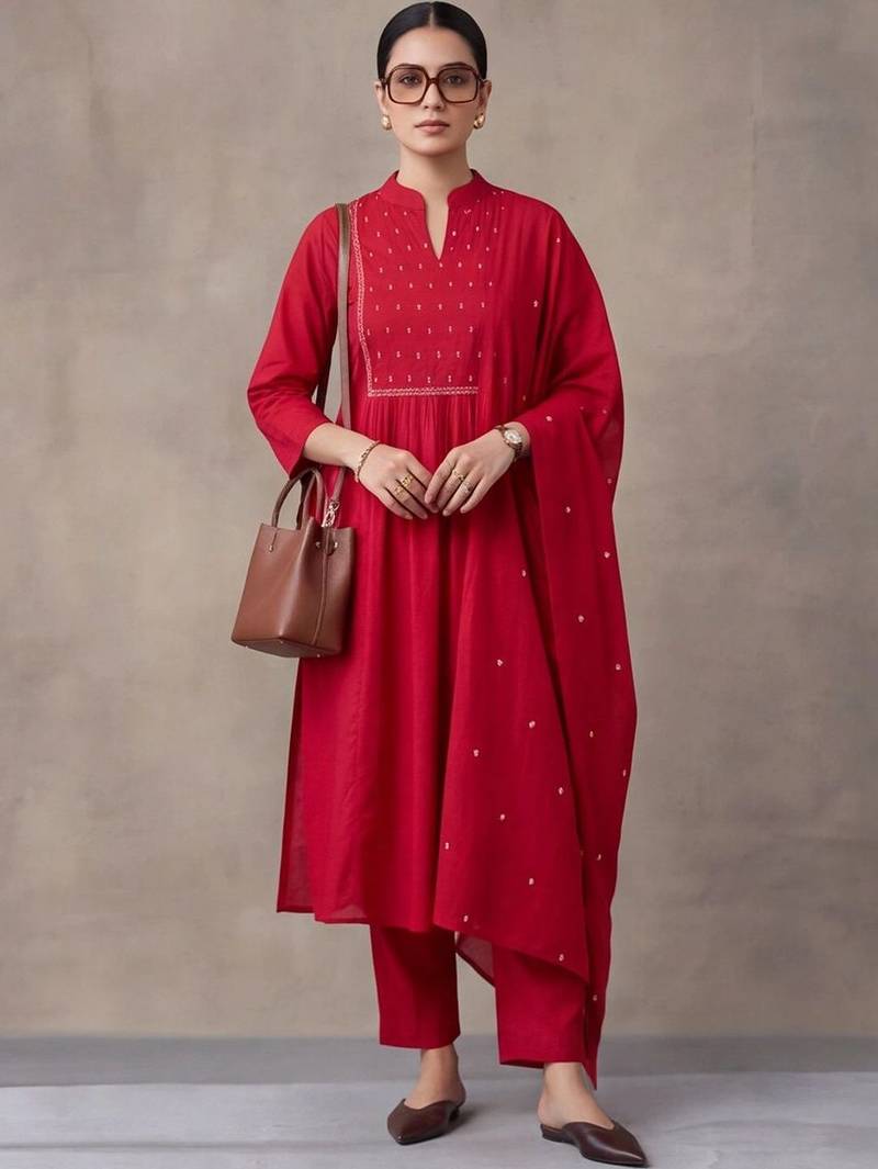 women ethnic motifs embroidered regular beads and stones cotton kurta with trousers & with