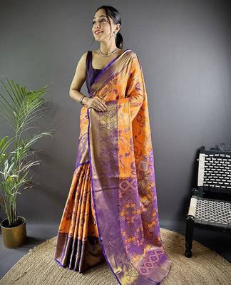 orange woven design zari silk blend kanjeevaram saree 1