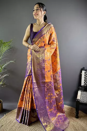 orange woven design zari silk blend kanjeevaram saree