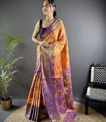 orange woven design zari silk blend kanjeevaram saree