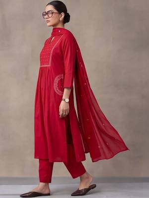women ethnic motifs embroidered regular beads and stones cotton kurta with trousers & with 2