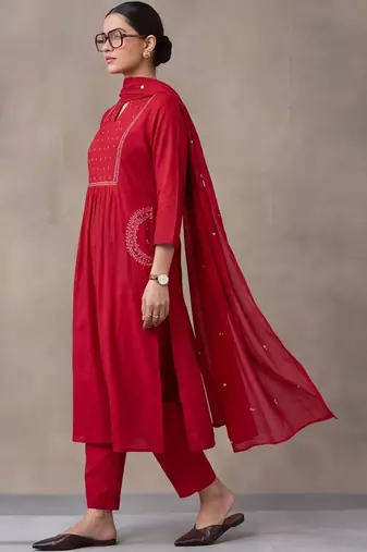 women ethnic motifs embroidered regular beads and stones cotton kurta with trousers & with