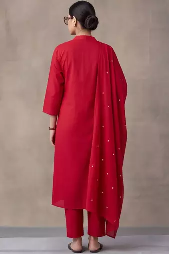 women ethnic motifs embroidered regular beads and stones cotton kurta with trousers & with