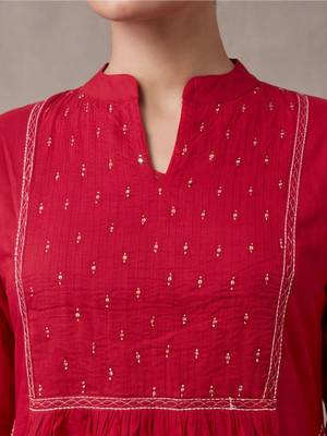 women ethnic motifs embroidered regular beads and stones cotton kurta with trousers & with 4