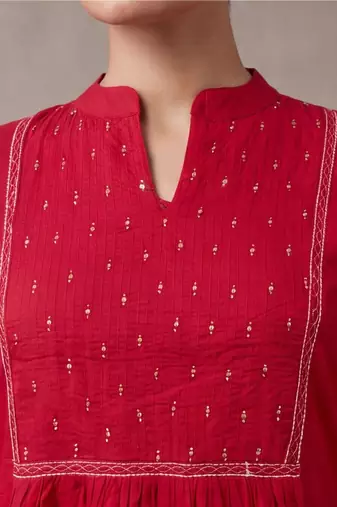 women ethnic motifs embroidered regular beads and stones cotton kurta with trousers & with