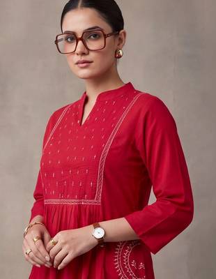 women ethnic motifs embroidered regular beads and stones cotton kurta with trousers & with 5