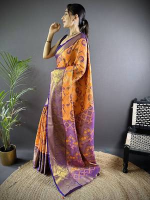 orange woven design zari silk blend kanjeevaram saree 2