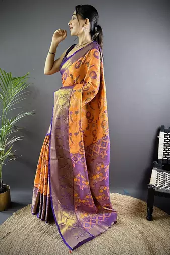 orange woven design zari silk blend kanjeevaram saree