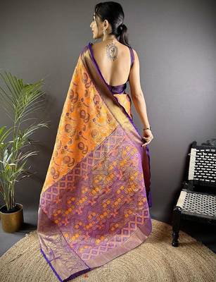 orange woven design zari silk blend kanjeevaram saree 3