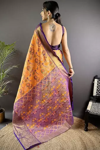 orange woven design zari silk blend kanjeevaram saree
