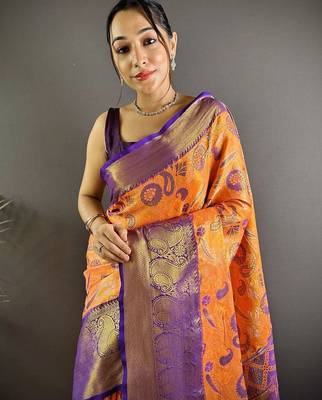 orange woven design zari silk blend kanjeevaram saree 4