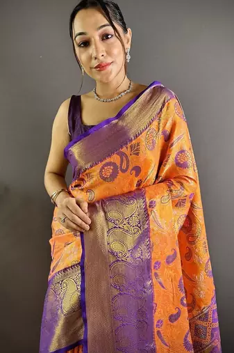 orange woven design zari silk blend kanjeevaram saree