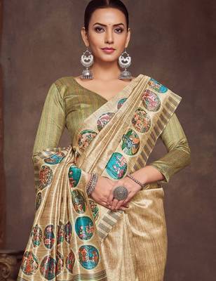 beige bandhani embroidered silk cotton tussar saree 1