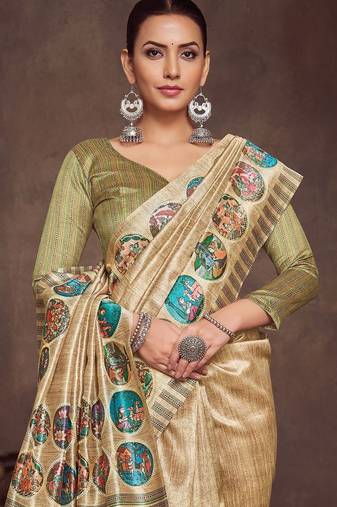 beige bandhani embroidered silk cotton tussar saree