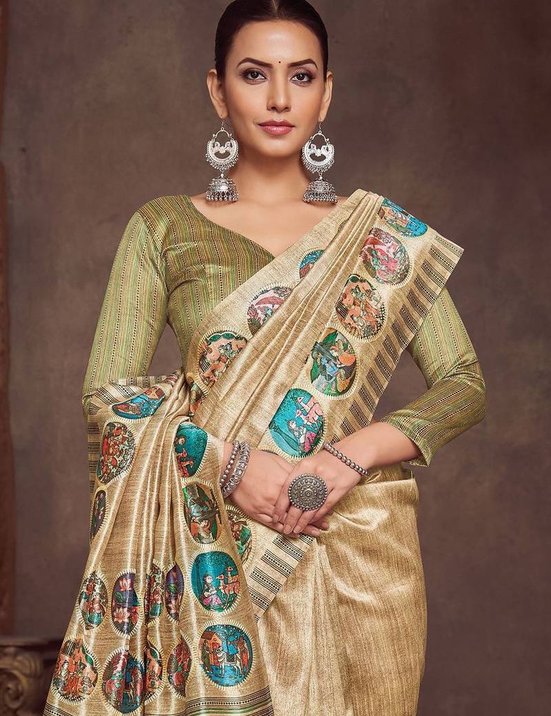 beige bandhani embroidered silk cotton tussar saree
