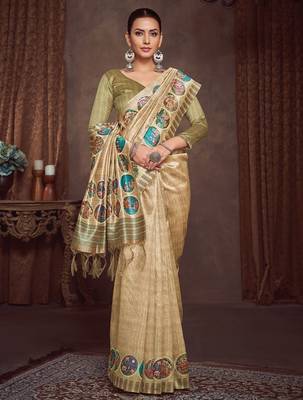 beige bandhani embroidered silk cotton tussar saree 2