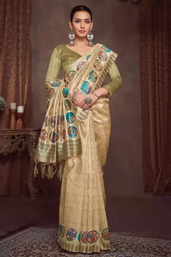 beige bandhani embroidered silk cotton tussar saree
