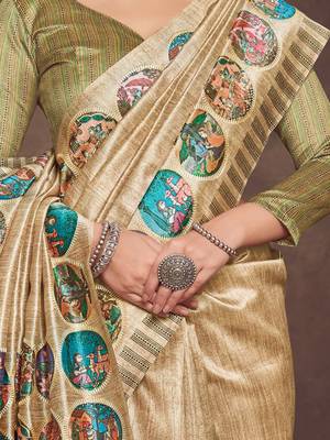 beige bandhani embroidered silk cotton tussar saree 3