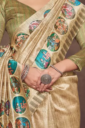 beige bandhani embroidered silk cotton tussar saree