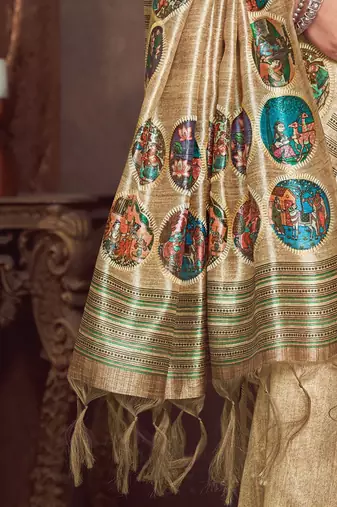 beige bandhani embroidered silk cotton tussar saree