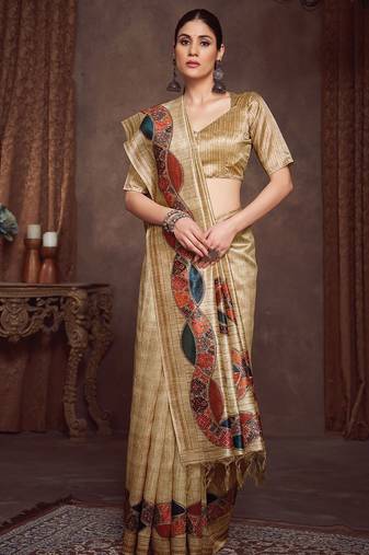 beige woven design tussar saree with unstitched blouse piece