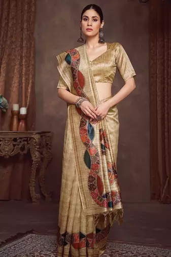 beige woven design tussar saree with unstitched blouse piece