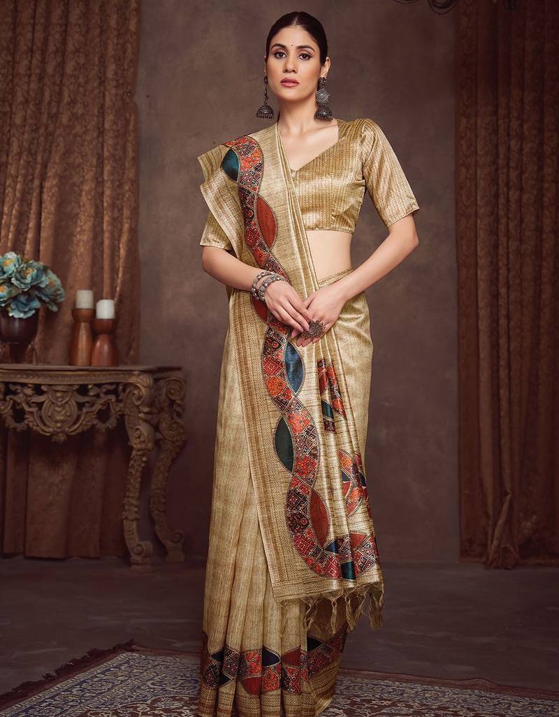 beige woven design tussar saree with unstitched blouse piece